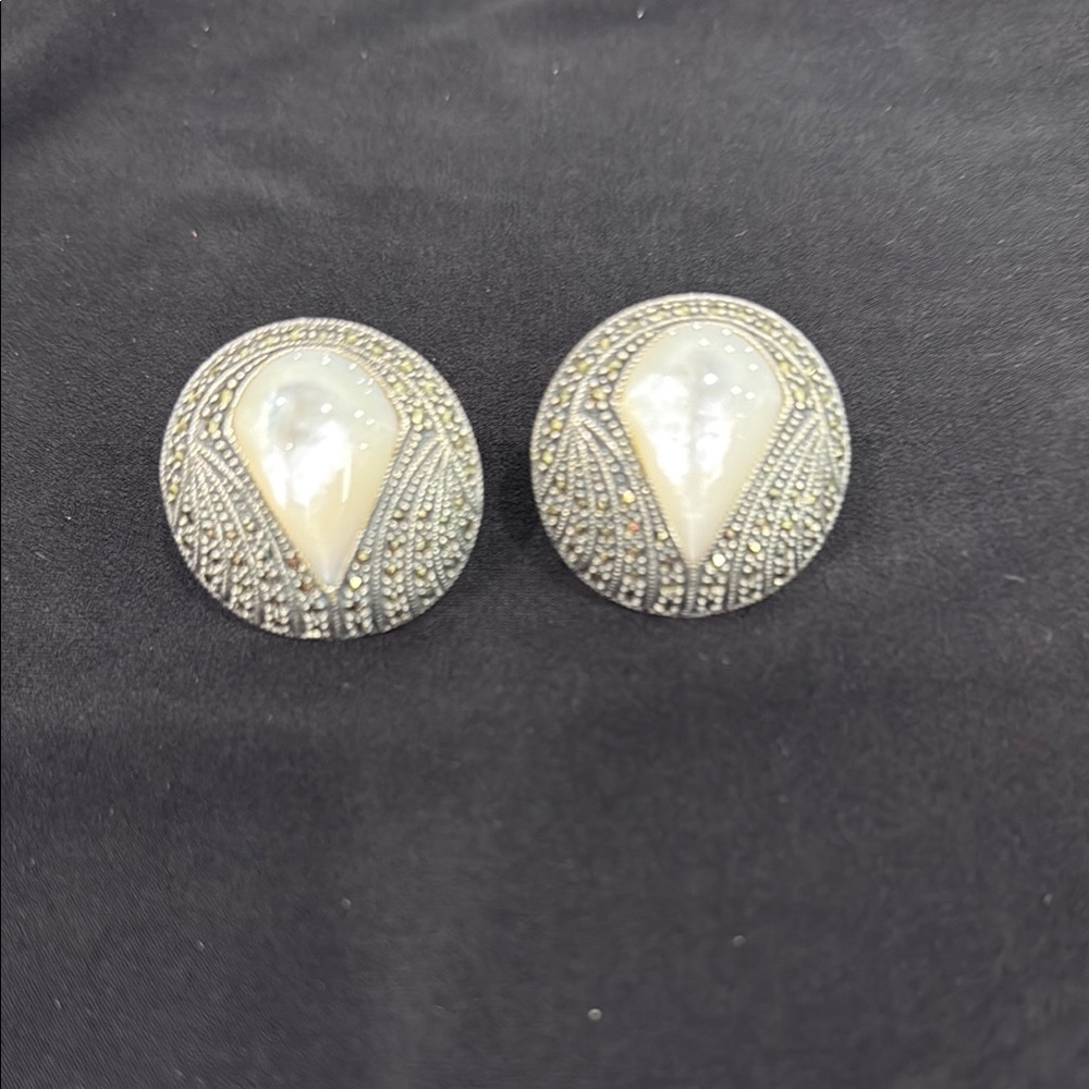 Judith Jack Silver and Mother Of Pearl Round Earrings